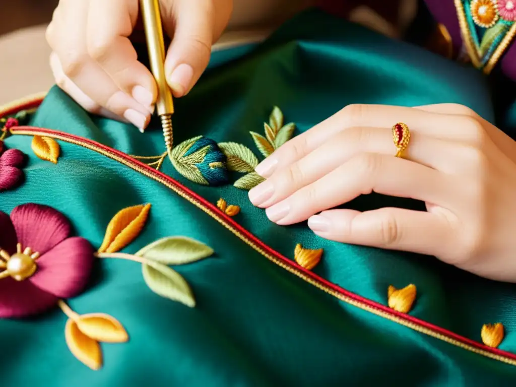 Manos expertas bordando delicados patrones florales en tela rica, evocando la artesanía del bordado artesanal en blogs de moda