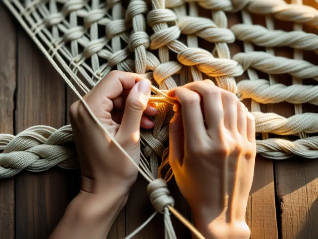 Unas manos expertas tejen delicados patrones con cuerdas de macramé, bañadas en cálida luz dorada