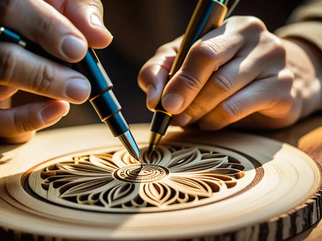 Manos expertas crean diseños precisos con pirograbador digital en madera, en un taller de pirograbado digital en madera