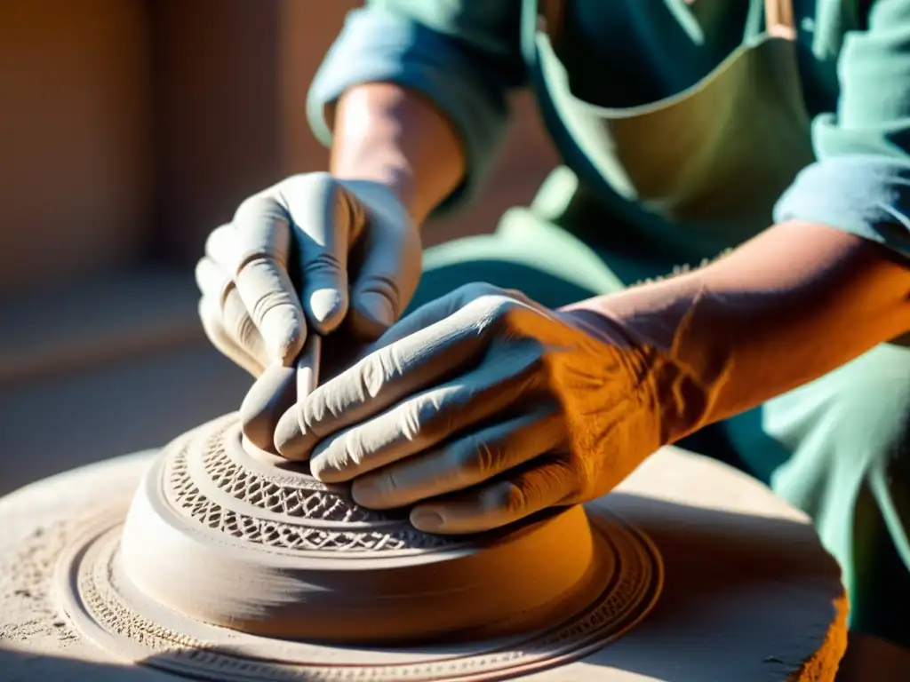 Manos expertas modelando una escultura de cerámica con herramientas tradicionales, bañadas por una suave luz natural