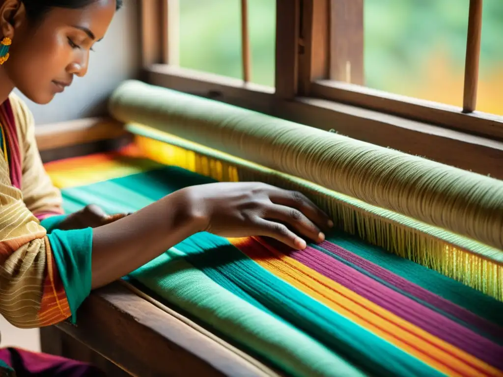 Manos expertas tejen fibras coloridas en una artesanía tradicional en la era digital, iluminadas por luz natural