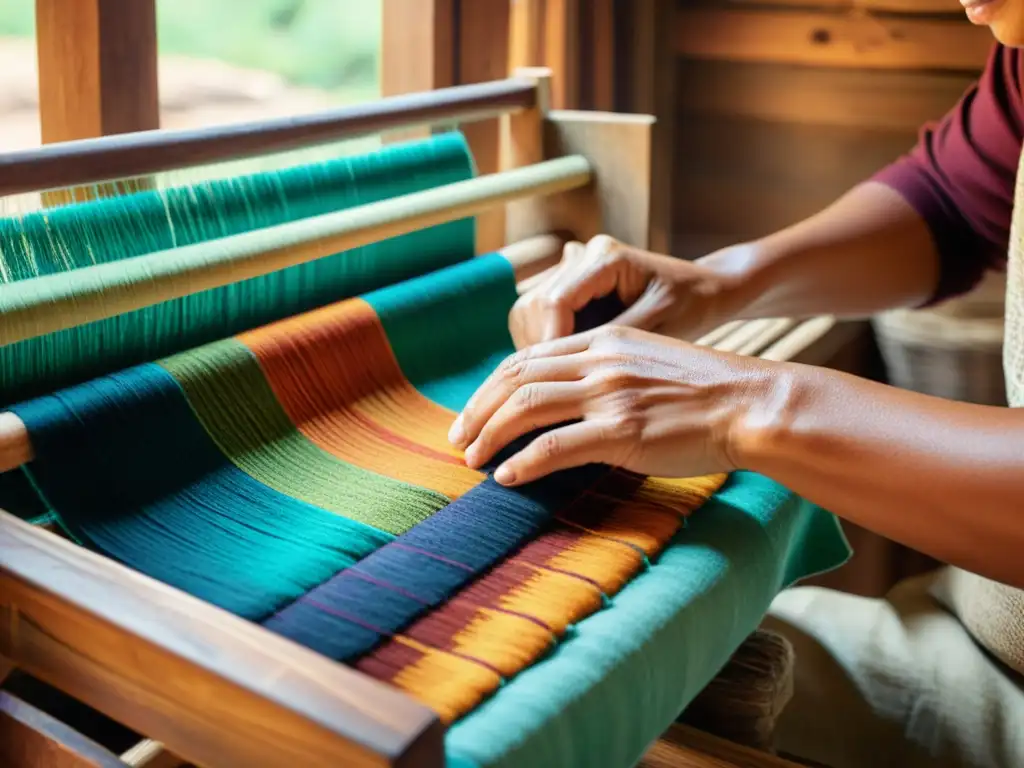 Manos expertas tejiendo fibras sostenibles en patrón tradicional, con herramientas de madera y luz natural