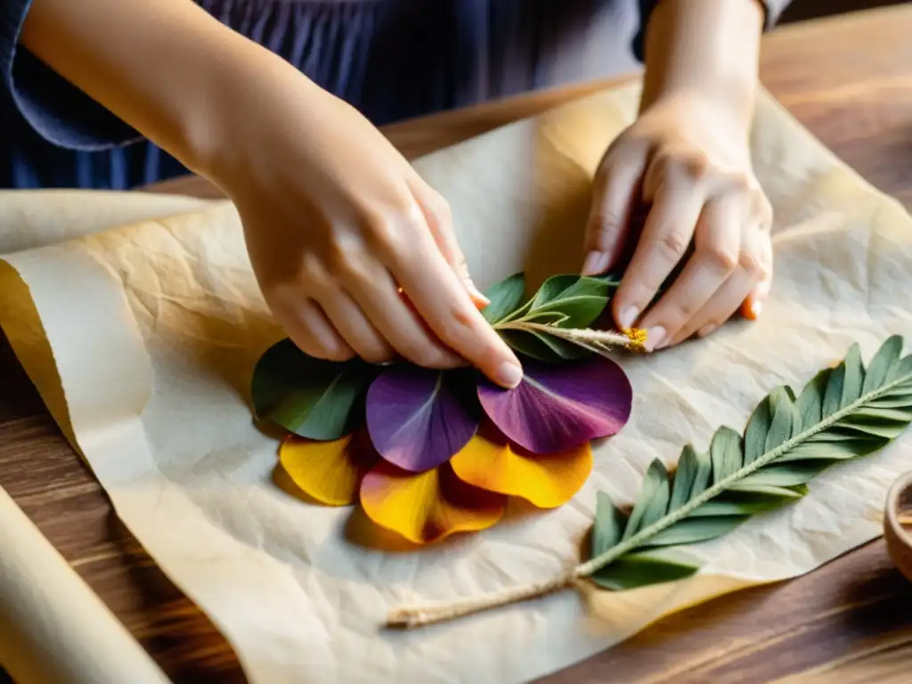 Unas manos expertas preservan flora en una artesanía digital, tejiendo pétalos y hojas en papel hecho a mano con destreza