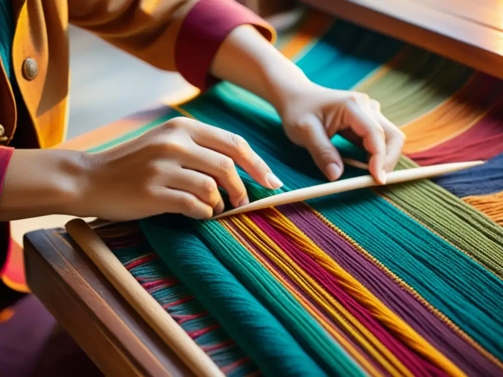 Manos expertas tejiendo hilos coloridos en un patrón tradicional, iluminadas por luz natural en un telón vintage cálido