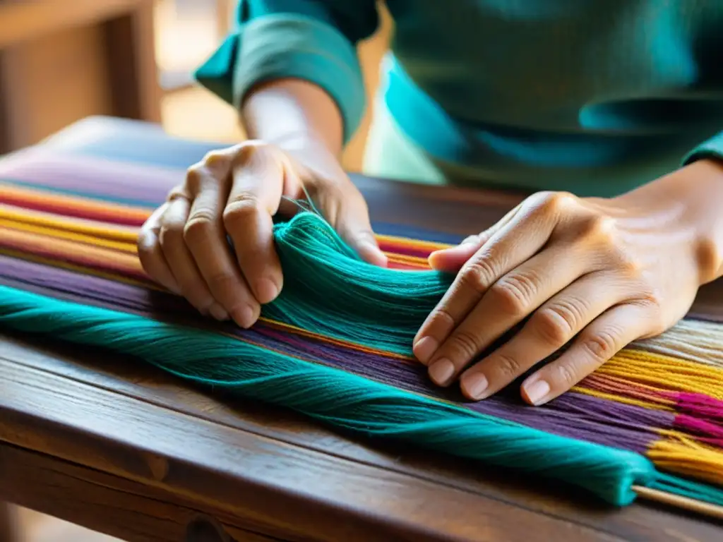 Manos expertas tejen hilos coloridos en una tradicional artesanía