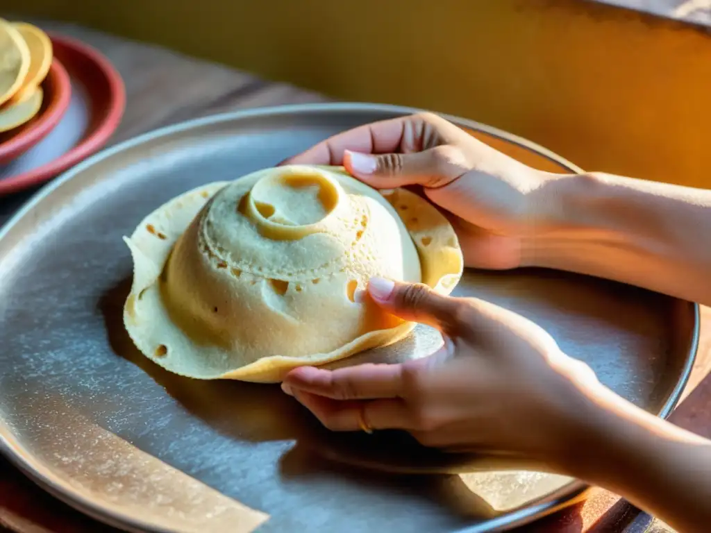 Manos expertas moldeando masa para tortillas en cocina tradicional