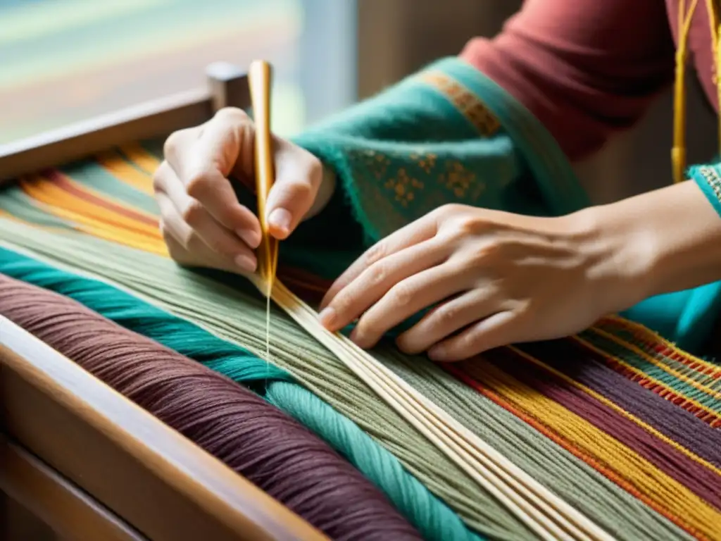 Artesanía tradicional: Tejido meticuloso con hilos coloridos Manos expertas tejen con paciencia hilos de colores, en una artesanía digital en la era digital