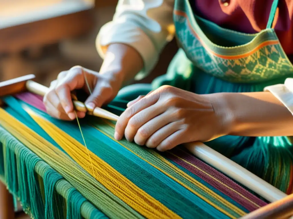 Manos expertas tejiendo un patrón textil tradicional con hilos coloridos