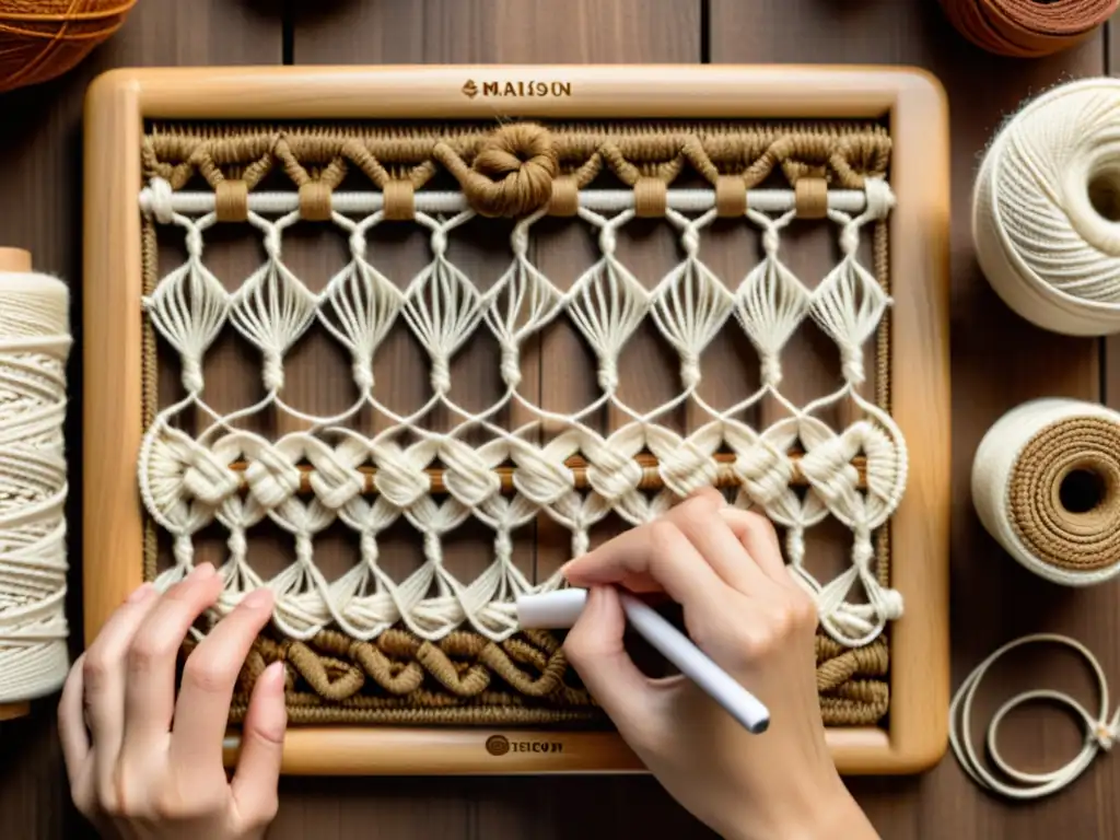 Manos expertas tejen patrones digitales para macramé artesanal en tablero vintage con hilos de colores