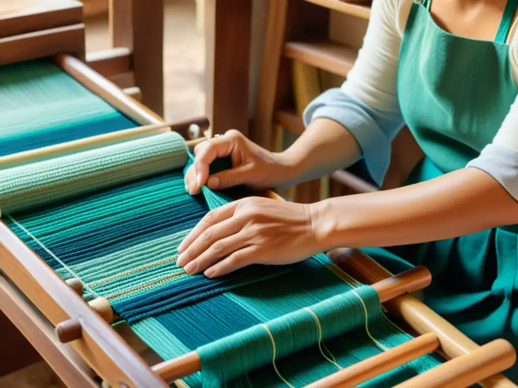 Manos expertas tejiendo patrones con historia en telar de madera, resaltando la importancia de la artesanía local en la economía circular