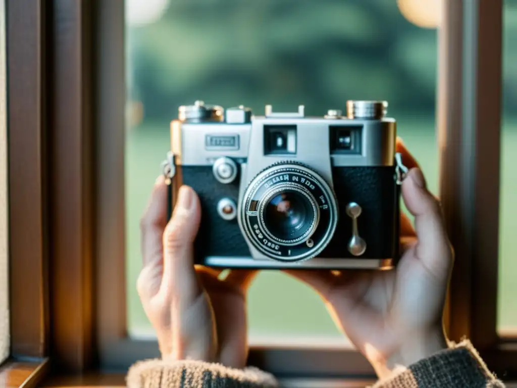 Manos expertas fotografiando productos artesanales para ecommerce con cámara vintage y anillos de plata, bañadas por luz natural