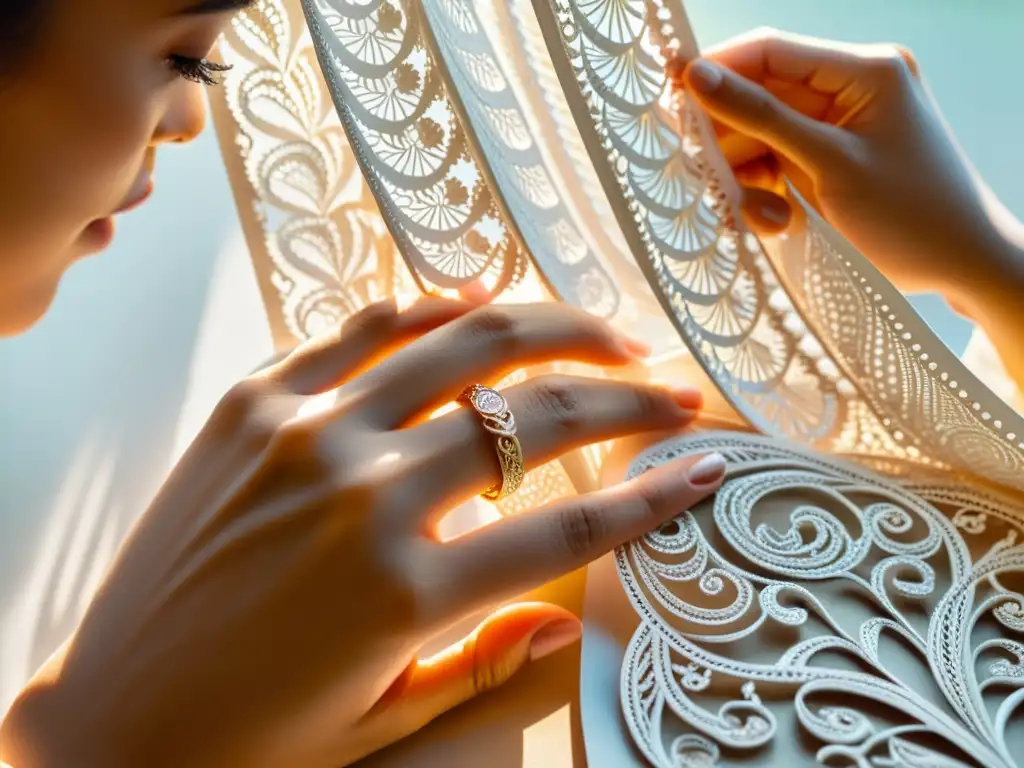 Arte en papel: manos expertas creando filigranas Manos expertas en talleres de filigrana de papel crean delicadas obras bajo la cálida luz del sol