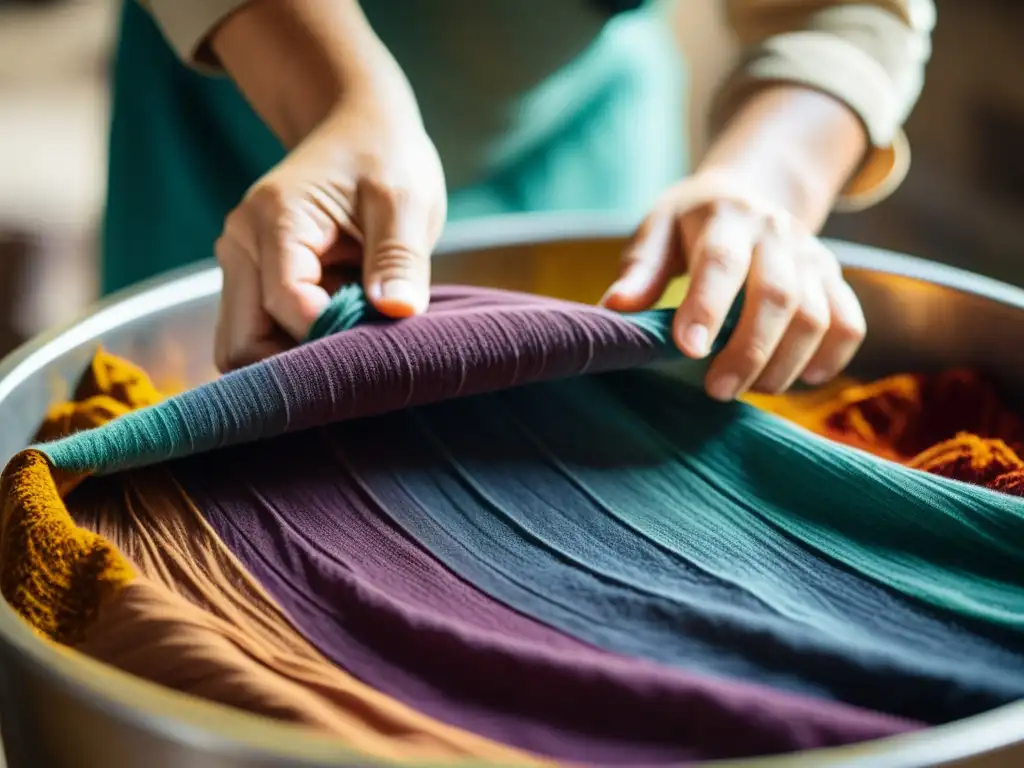 Manos expertas sumergiendo tela en tinte natural, capturando la esencia artesanal del teñido textil