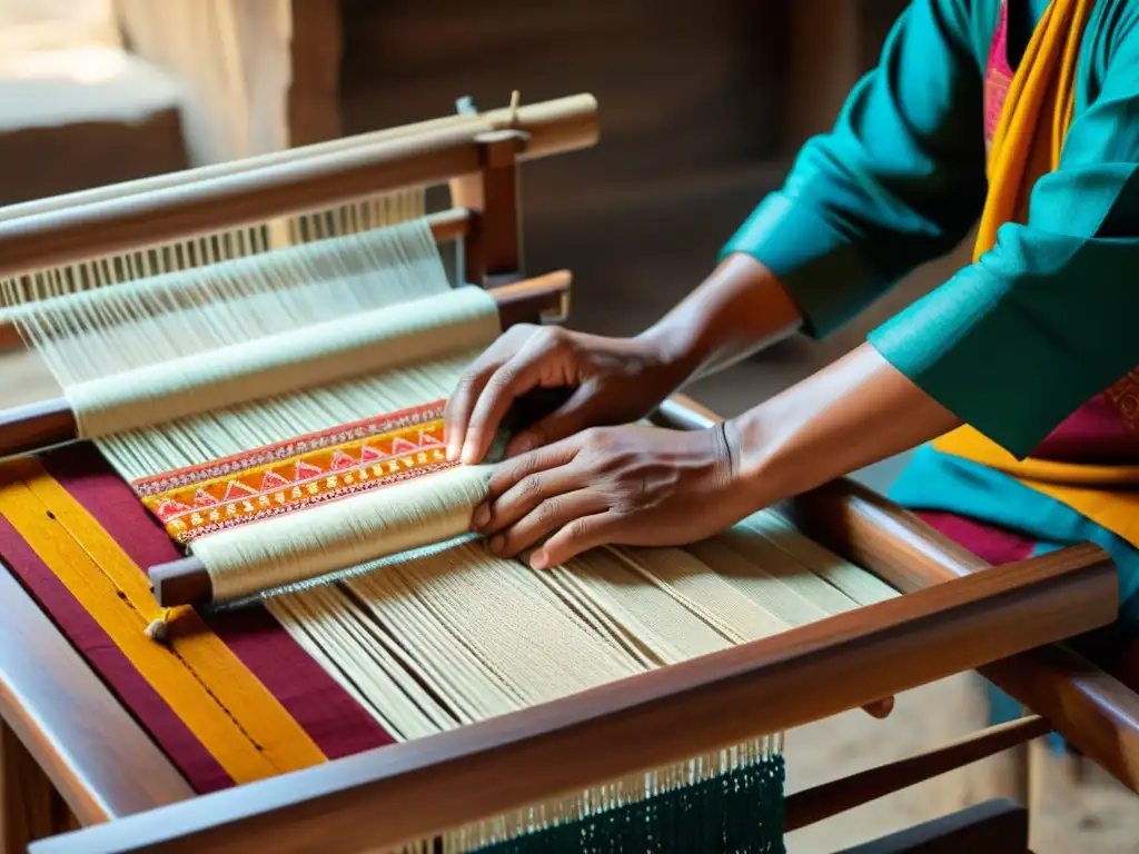 Manos expertas tejiendo en telar tradicional con hilos vibrantes, evocando la fusión de artesanía y tecnología digital