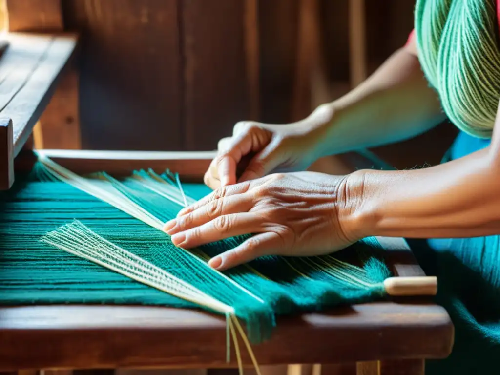 Las manos de un hábil artesano tejiendo una colorida artesanía tradicional en un taller rústico iluminado por luz natural cálida