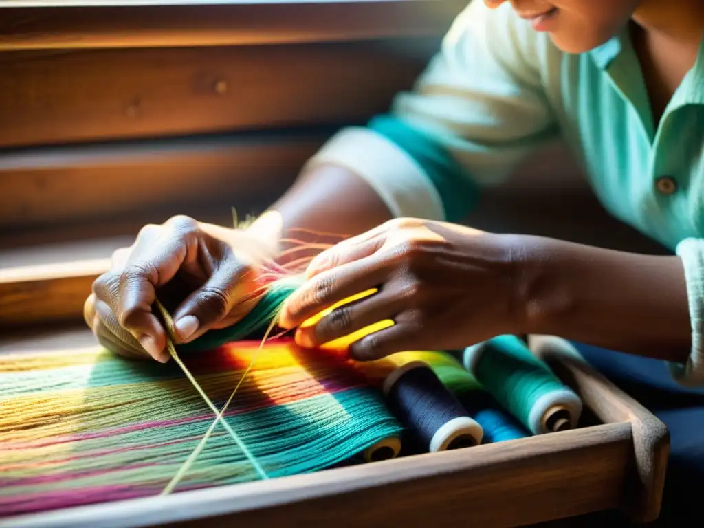 Las manos de un hábil artesano tejiendo un patrón tradicional con hilos coloridos, evocando la artesanía y la belleza