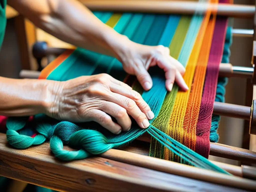 Manos hábiles tejen artesanía tradicional en la era digital, con colores vibrantes y madera envejecida