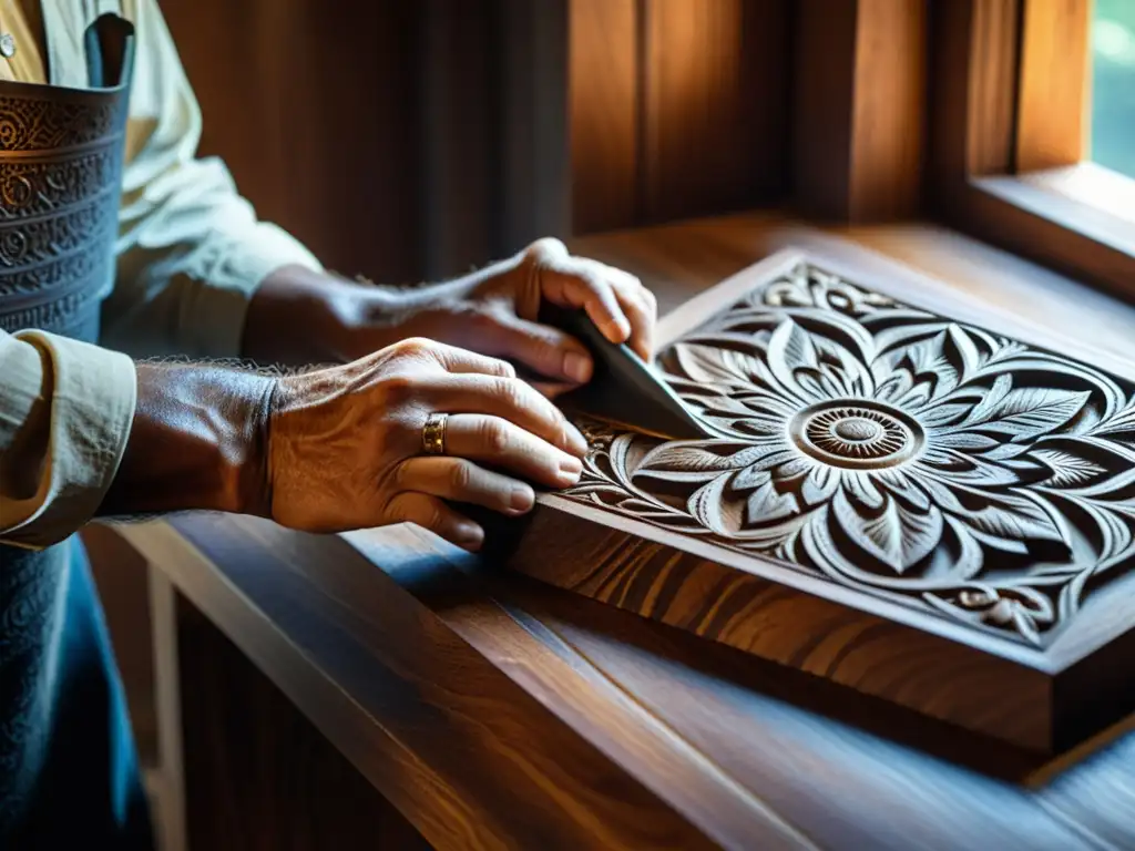 Manos hábiles de un artesano tallando madera, resaltando la artesanía tradicional en la era digital