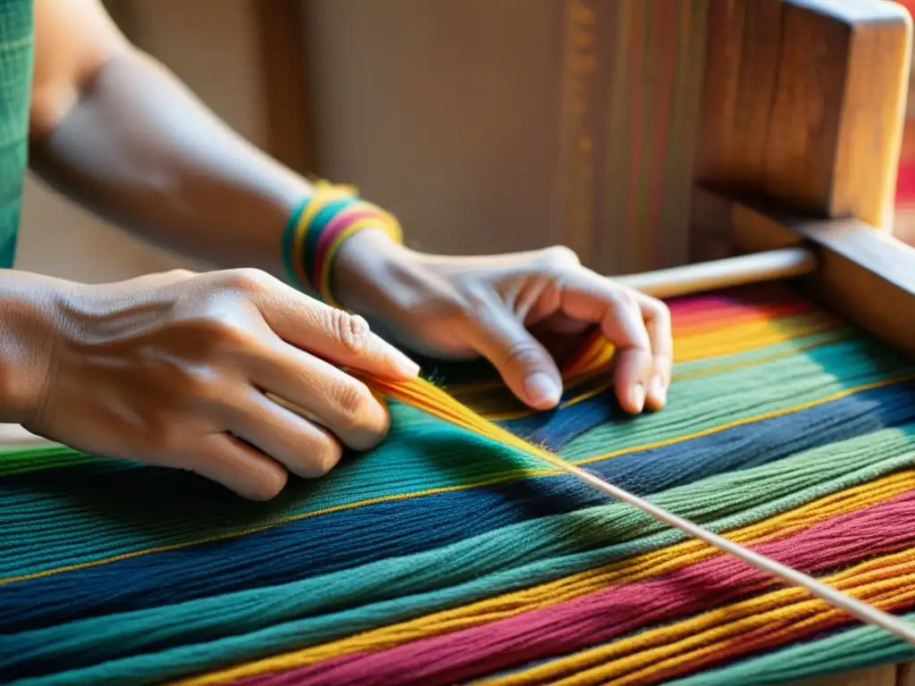 Manos hábiles tejiendo una colorida artesanía tradicional, iluminadas por cálida luz natural