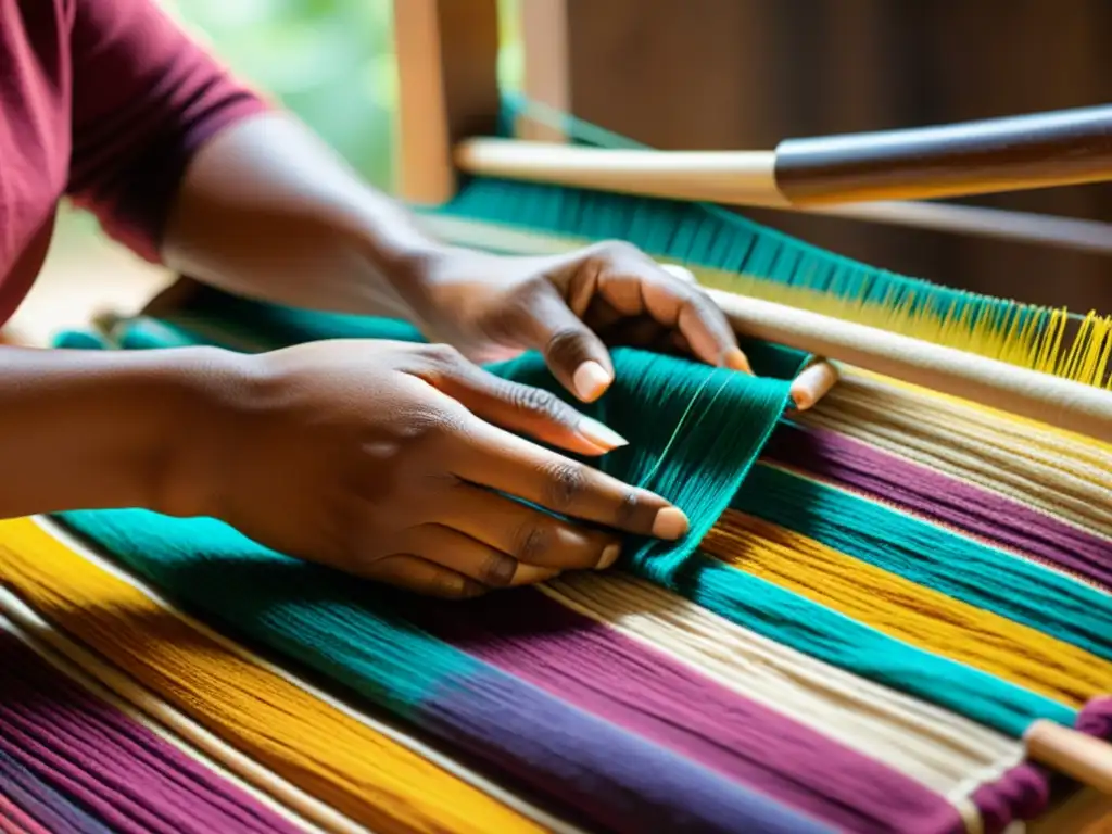 Manos hábiles tejen fibras teñidas naturalmente, reflejando la artesanía y el uso de materiales tradicionales en la moda sostenible