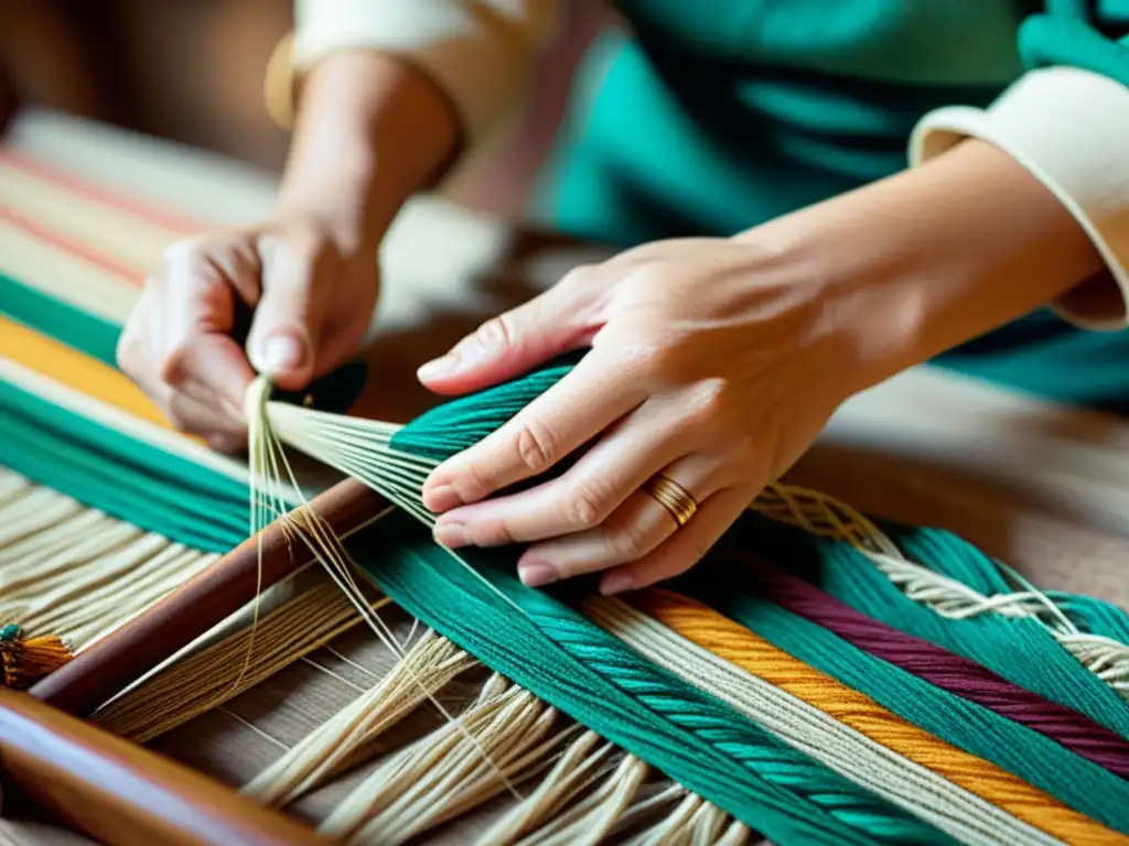 Manos hábiles tejen hilos vibrantes en una obra maestra textil, evocando una artesanía inclusiva en la era digital