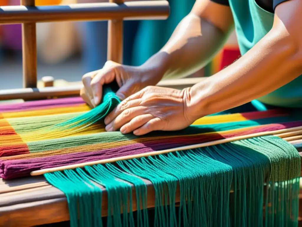 Manos hábiles tejiendo en mercado artesanal, con luz cálida y colores vibrantes