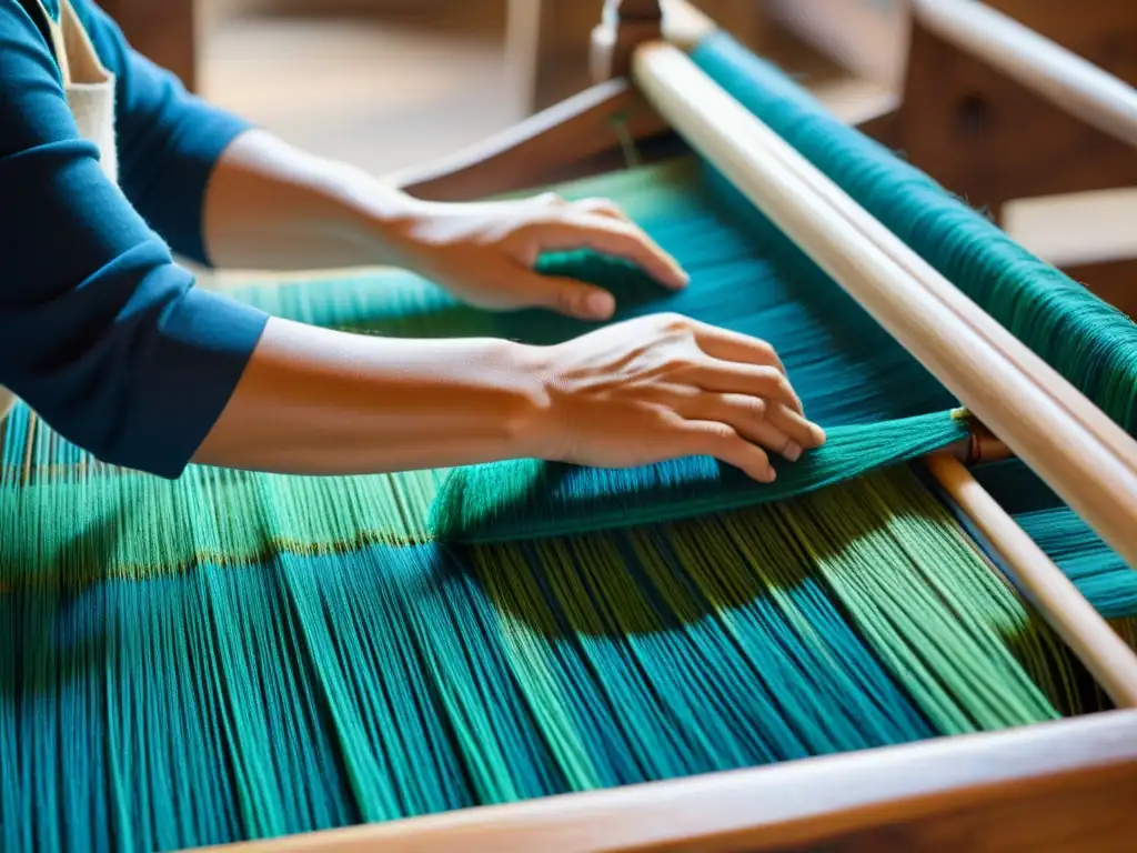 Manos hábiles tejiendo patrón sostenible con residuos marinos en antiguo telar de madera, evocando artesanía tradicional