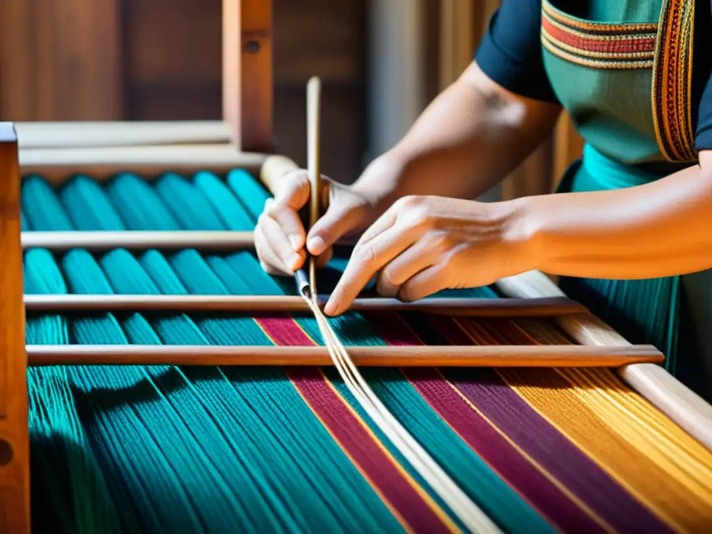 Manos hábiles tejiendo patrones tradicionales en telas vibrantes, con telares y herramientas antiguas de fondo