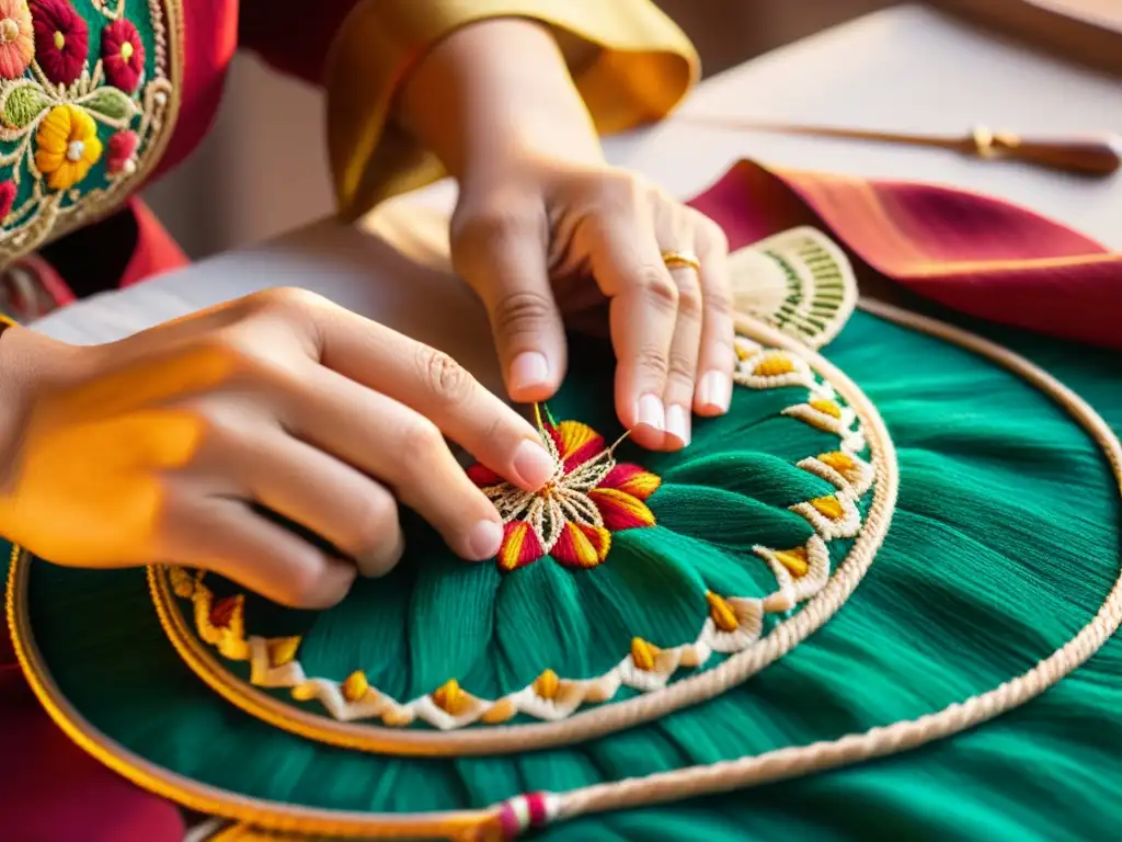 Manos hábiles bordando textil tradicional con hilos vibrantes