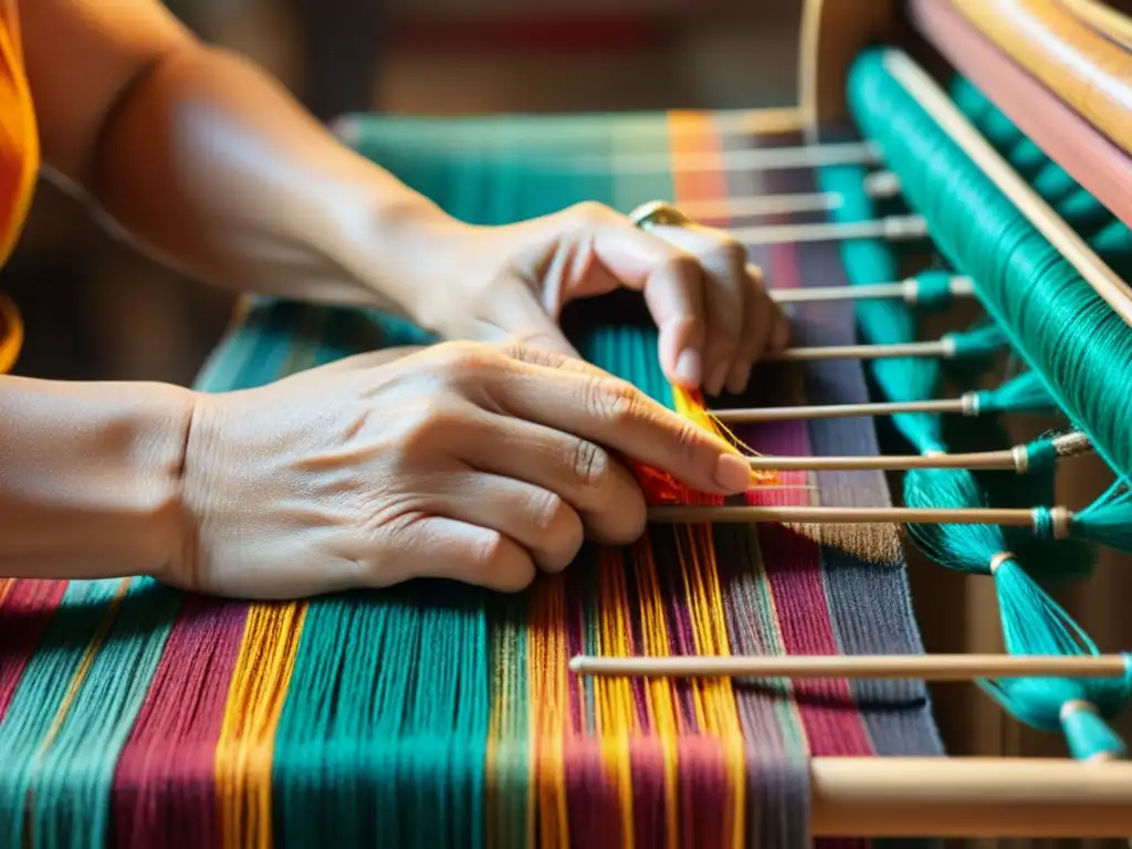 Las manos habilidosas de un artesano tejen con delicadeza hilos coloridos en un patrón textil tradicional