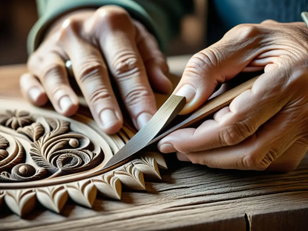 Manos habilidosas esculpen con detalle en madera envejecida, evocando tradición atemporal