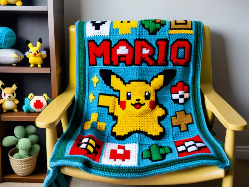 Manta de ganchillo pixelado con personajes de videojuegos clásicos Manta tejida a mano con diseño de píxeles de personajes de videojuegos clásicos
