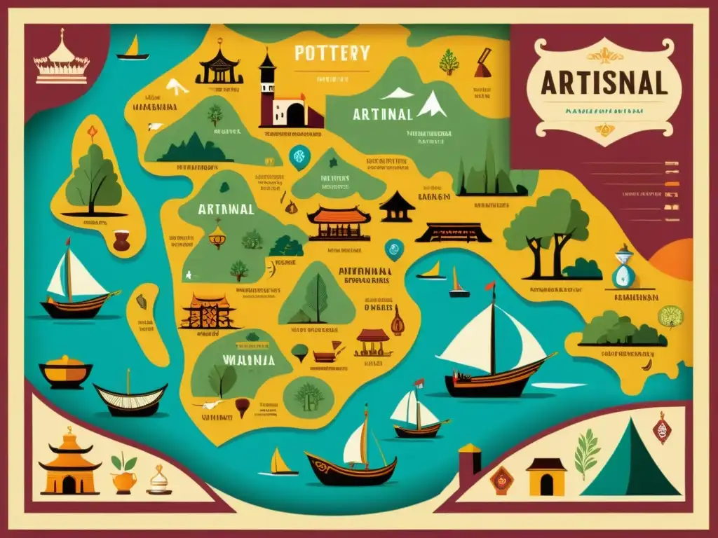 Un mapa digital detallado con ilustraciones de artesanías tradicionales como alfarería, tejido y carpintería