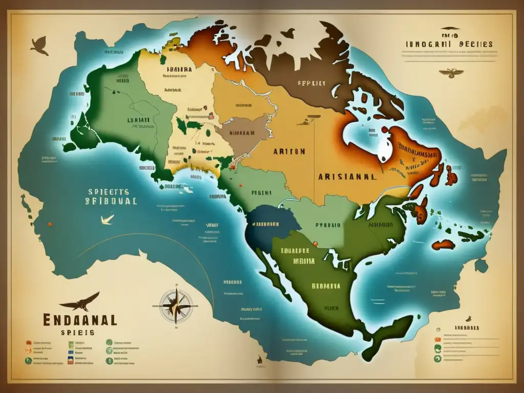 Un mapa vintage detallado muestra la distribución de especies en peligro