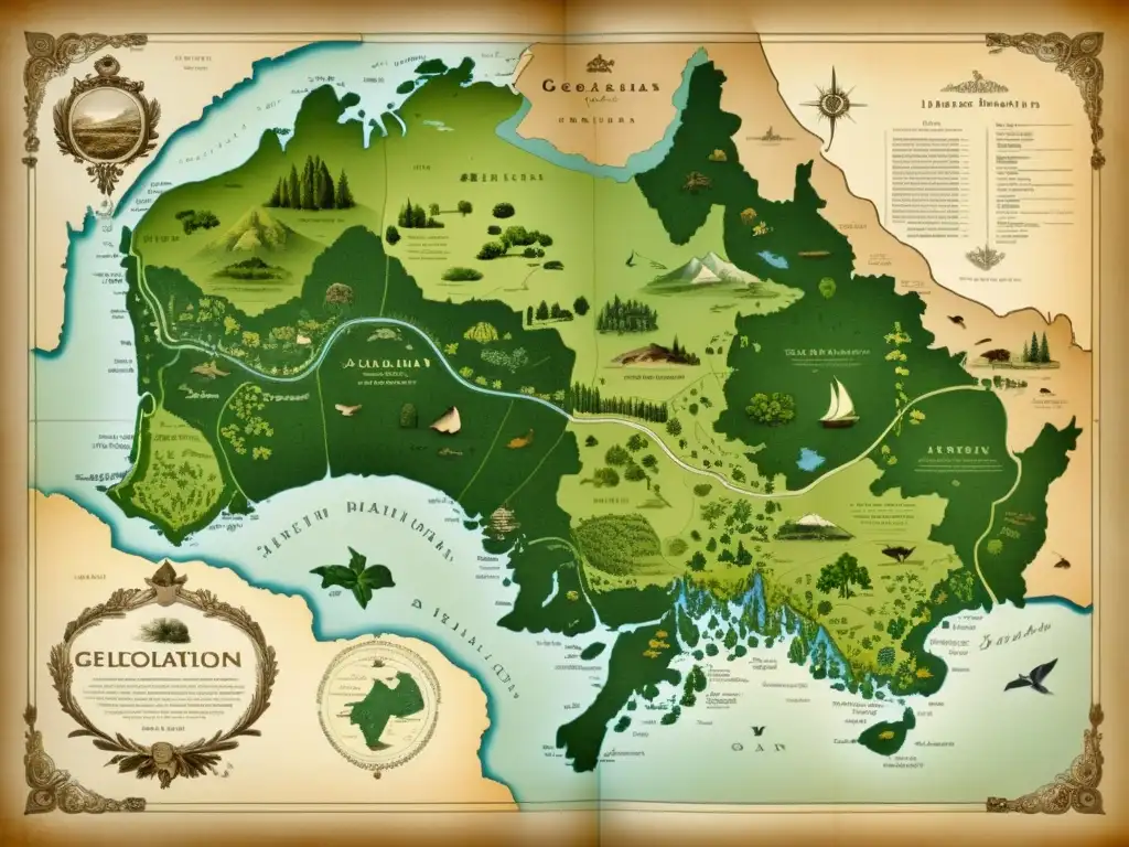 Mapa vintage detallado de flora y fauna con geolocalización para protección de especies, en tonos sepia envejecidos