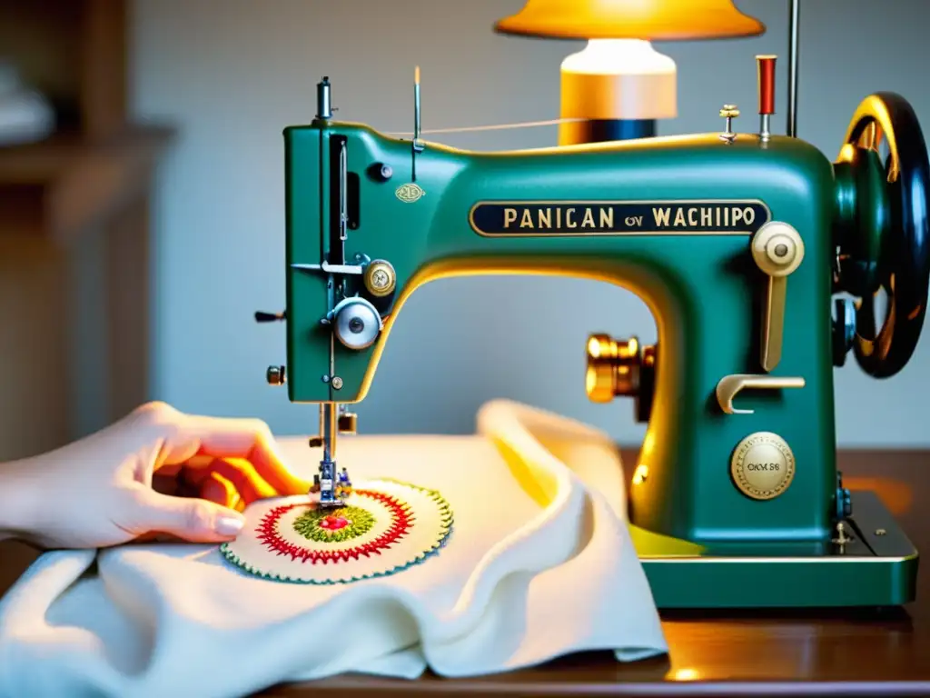 Una máquina de coser vintage con bordado detallado en un taller, fusionando arte textil tradicional con tecnología moderna