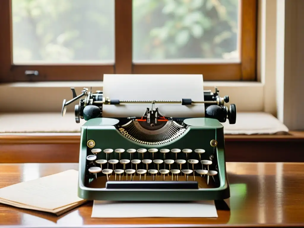 Una máquina de escribir vintage con papel en blanco, en un escritorio de madera con luz natural