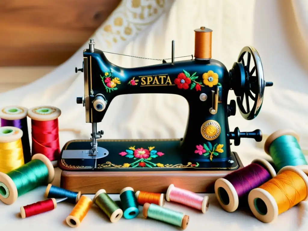 Una máquina de coser vintage rodeada de hilos de colores y herramientas de costura, evocando nostalgia y artesanía