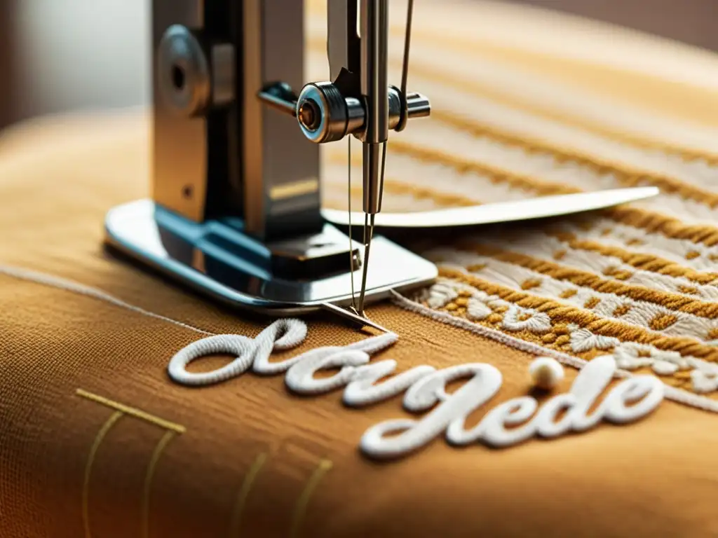 Una máquina de coser vintage borda tipografía elegante en tela rica, rodeada de herramientas de costura, creando una atmósfera nostálgica y artesanal