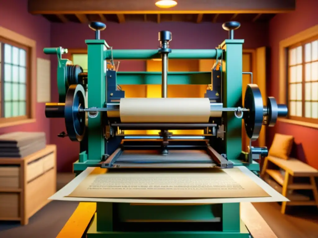 Maquinaria de impresión artística en realidad virtual, con detalles intrincados y ambiente nostálgico que evoca historia y artesanía