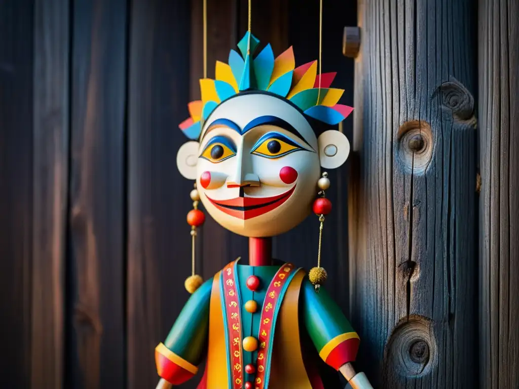 Una marioneta tradicional con detalles tallados y colores vibrantes, sobre un fondo de madera envejecida