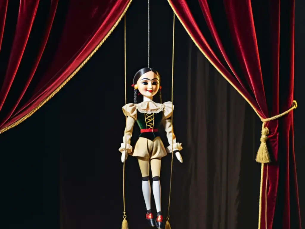 Una marioneta vintage detallada en madera y cuerdas, con vestimenta elaborada, iluminada dramáticamente en un fondo de terciopelo oscuro