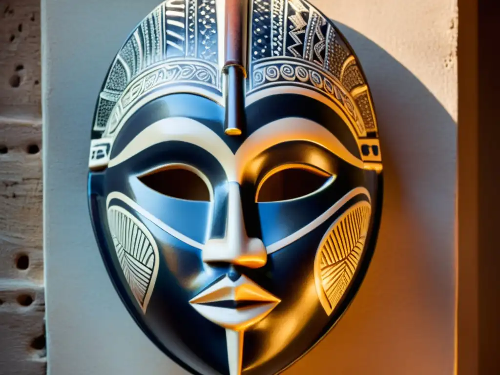 Máscara de cerámica africana: Detalles artesanales y tradición Una máscara africana de cerámica artesanal, con patrones y tonos terrosos, iluminada por una cálida luz natural