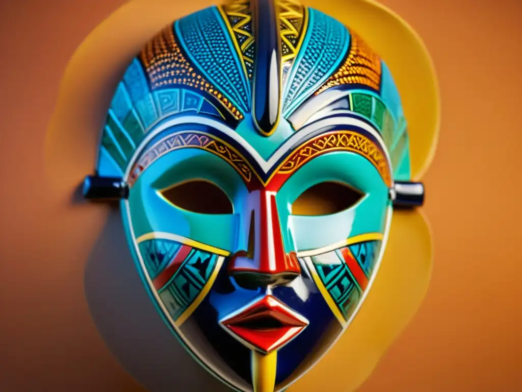 Máscara africana de cerámica: detallada artesanía y colores vibrantes Una máscara de cerámica africana hecha a mano, con detalles intrincados y colores vibrantes
