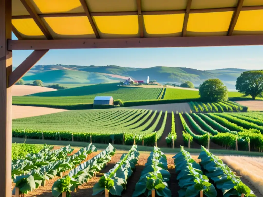 Un mercado de agricultura orgánica y artesanía sostenible en una granja vintage bañada por la cálida luz dorada de la tarde