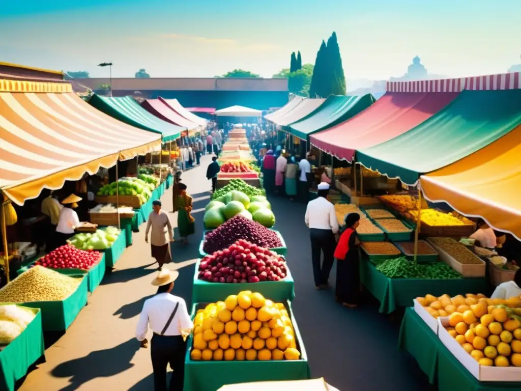 Un mercado al aire libre bullicioso con vendedores ofreciendo platos tradicionales en la gastronomía bajo toldos coloridos, lleno de frutas, verduras y especias, bañado por cálida luz solar y una atmósfera de orgullo cultural y comunidad