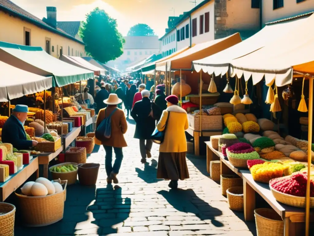 Mercado artesanal animado con productos hechos a mano y ambiente cálido, evocando tradición y comunidad