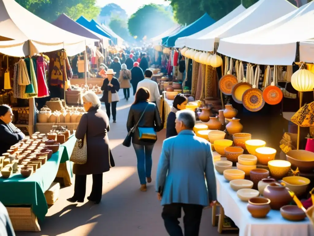 Un mercado artesanal bullicioso con artesanías hechas a mano y coloridas en exhibición, gente comprando y el sol creando una cálida atmósfera dorada