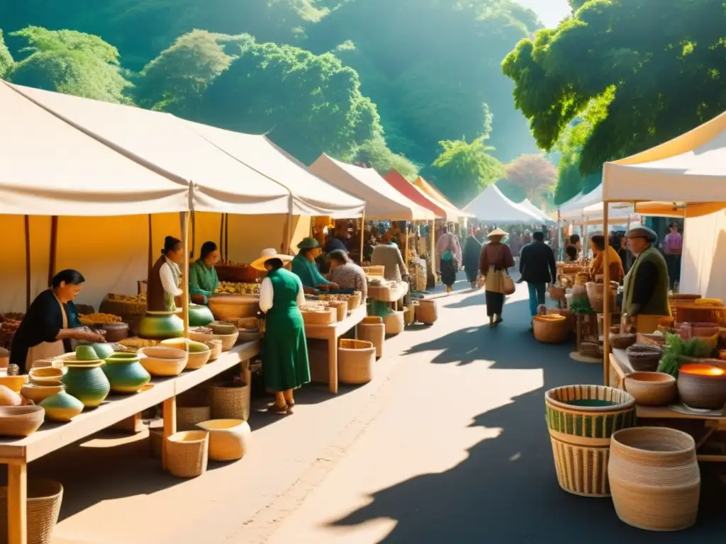 Un mercado artesanal bullicioso bajo el cálido sol