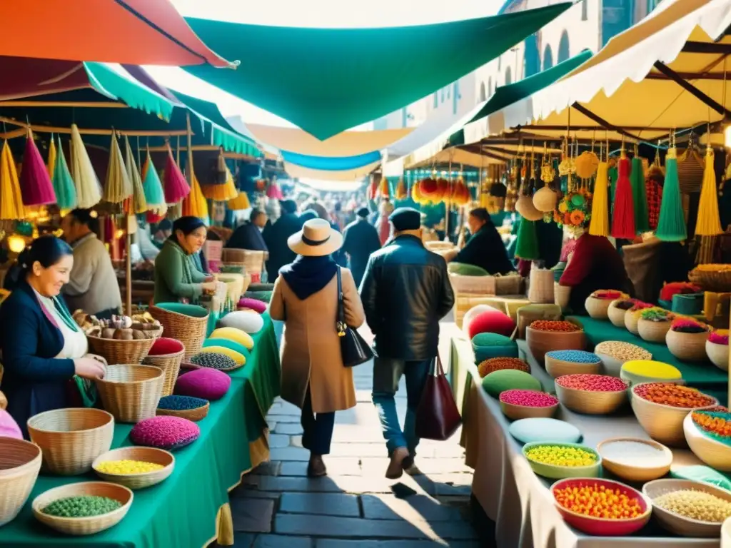 Un mercado artesanal bullicioso con coloridas artesanías en puestos tradicionales